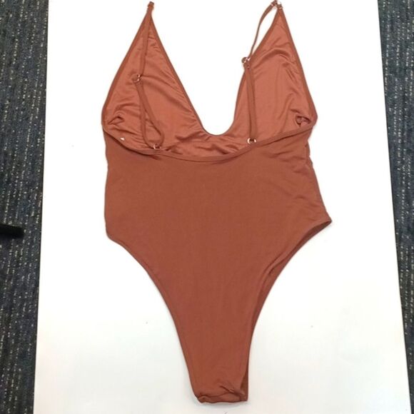 Womens Chocolate Brown Plunge Neckline One-Piece Swimsuit sz XL - Picture 7 of 11